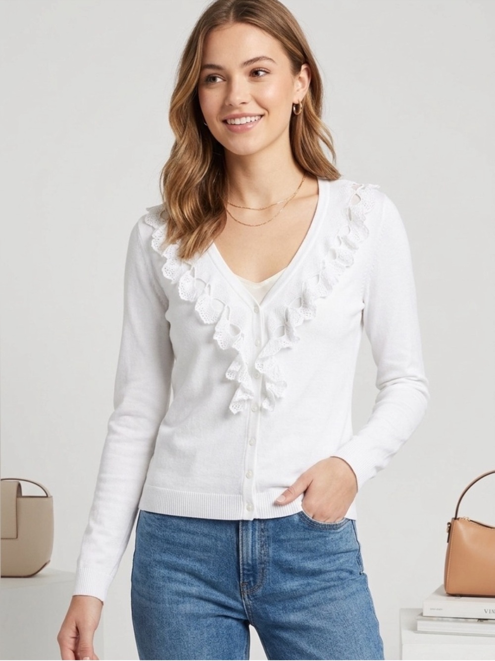 Talbots White Ruffle Front Pima Cotton Cardigan Cottage Romantic Coquette